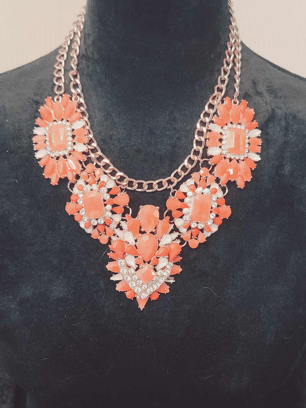 Imitation Coral Statement Floral Bib Necklace peach and rhinestone Women Jewelry